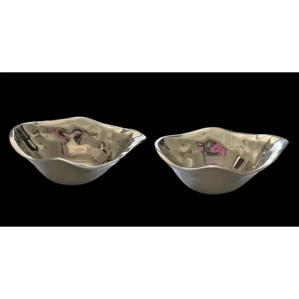 Set Of 2 Pottery Barn Silver Tone “Pasha” Irregular Shaped Bowls 6.5 x5”x2.5”